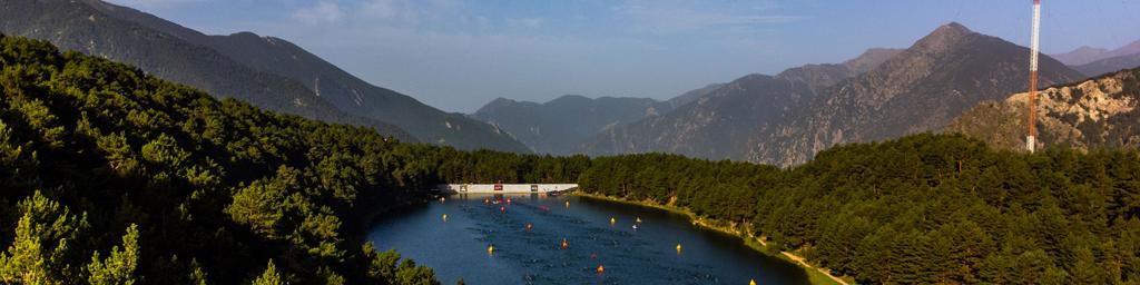 Bird's eye view of the IRONMAN 70.3 Andorra lake, which lays high above the ground