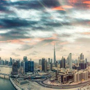 Skyline of Dubai in the United Arab Emirates at sunset