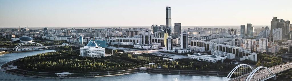 Skyline of Nur-Sultan in Kazakhstan with Golden Tower, Presidential Palace, Baiterek Tower and House of Ministries next to Ishim river