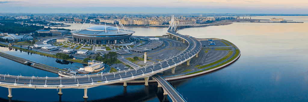 Gazprom stadium in St. Petersburg Russia surrounded by Neva river and highways