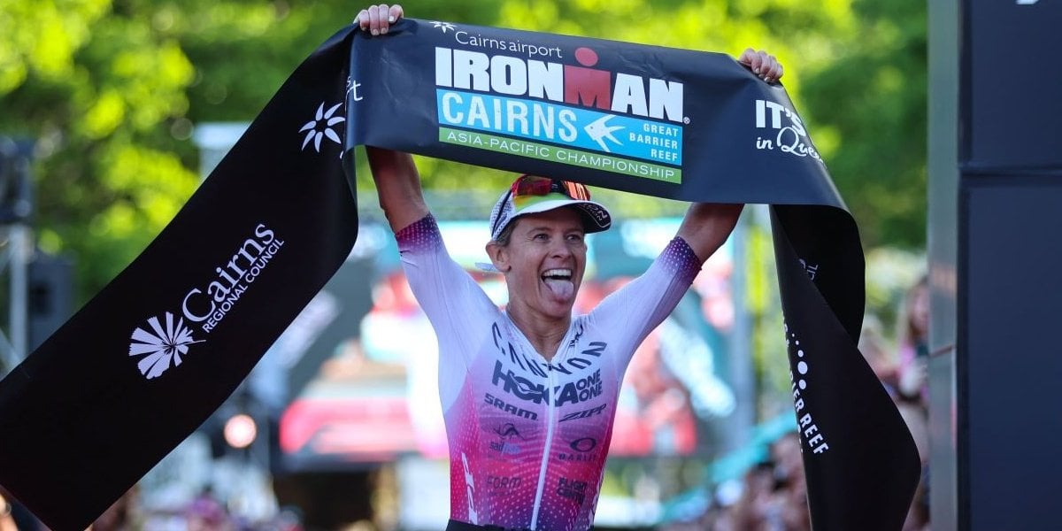Sarah Crowley taking the win at the 2022 Cairns-Airport IRONMAN Asia-Pacific Championship Cairns - Photo Korupt Vision