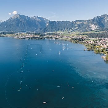 Scenic view of the lake and mountans in Thun Switzerland