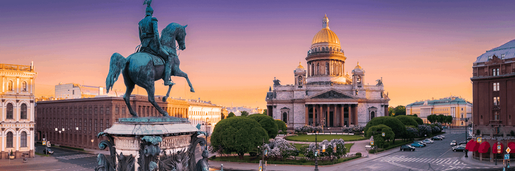 Monument to St. Nicholas I and St. Isaac's square and St. Isaac's Cathedral at sunset in St. Petersburg Russia