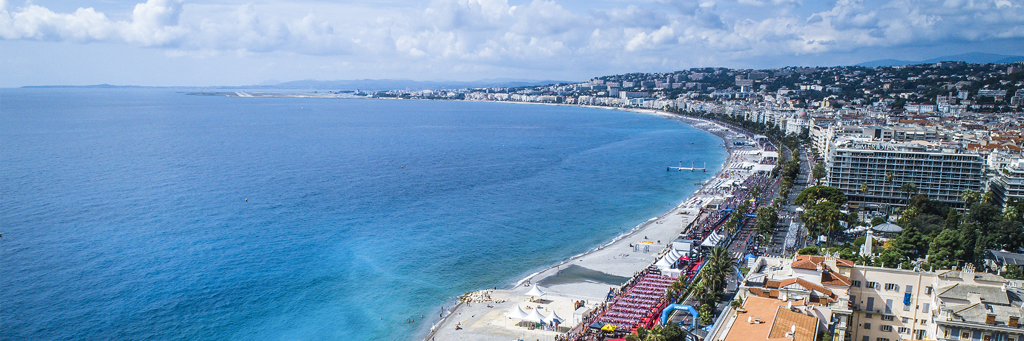 BIrd's eye view of the Promenade des Anglais, the city center and the Mediterranean Sea of Nice France