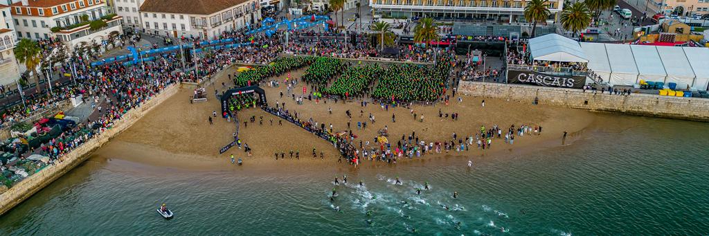 Athletes starting the swim part at the IRONMAN Portugal -Cascais